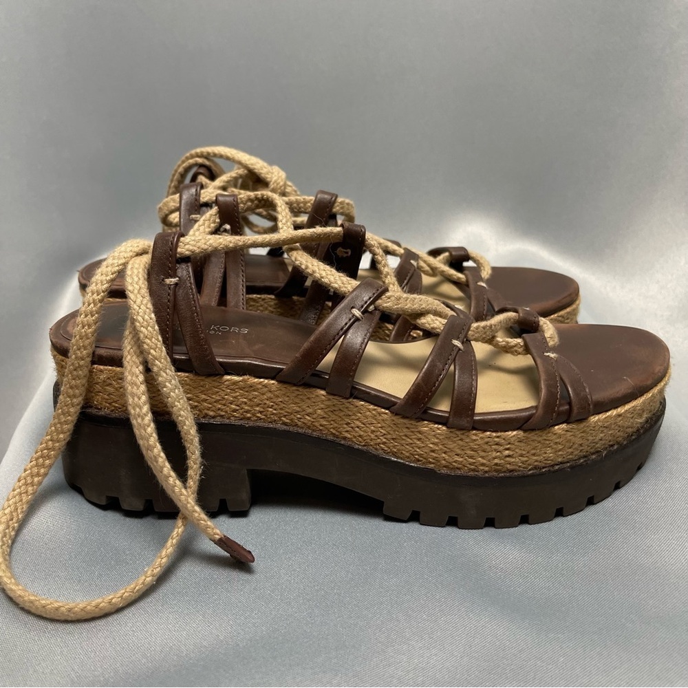 Michael Kors Brown Beige Platform Flatform Lace Up Sandals - Size 7.5, EU 37.5 - Picture 3 of 14